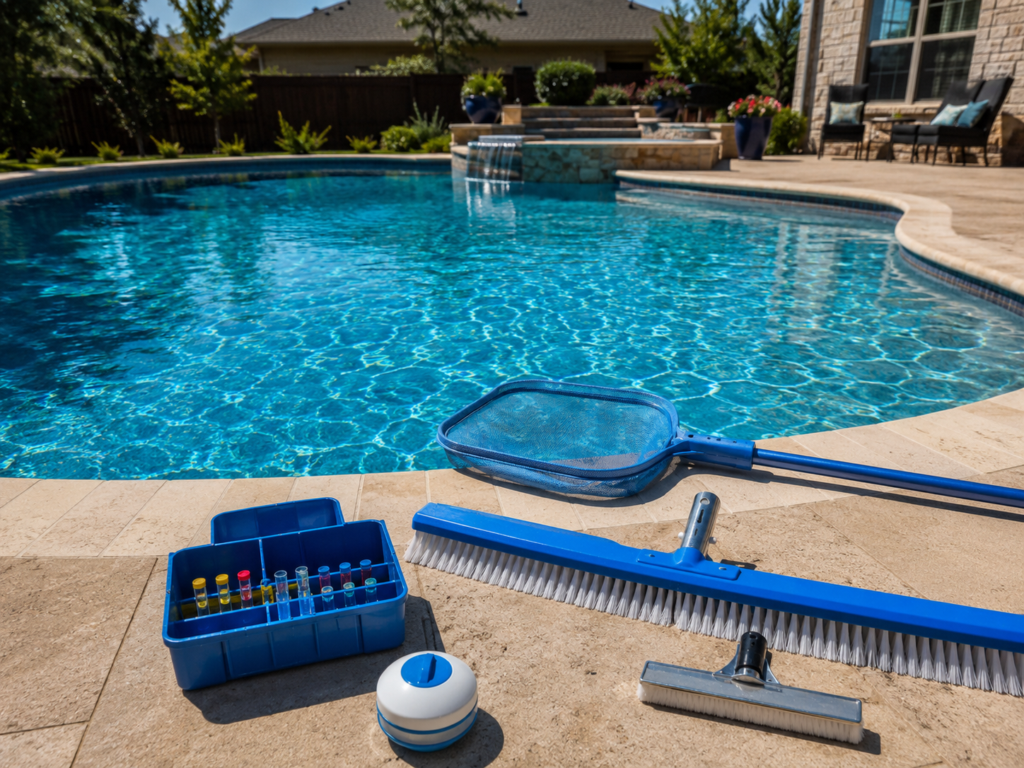 Residential swimming pool on a sunny day with maintenance tools on the deck: test kit in a blue box, a skimmer net, a blue pool brush, and a pool vacuum head nearby.