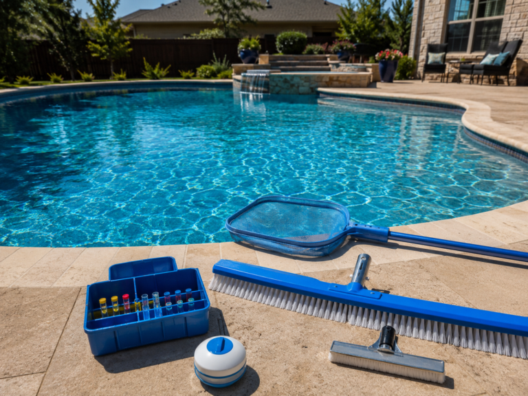 Residential swimming pool on a sunny day with maintenance tools on the deck: test kit in a blue box, a skimmer net, a blue pool brush, and a pool vacuum head nearby.