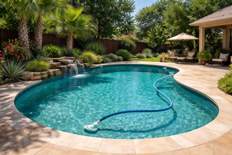 Backyard pool with a stone waterfall, palm trees, and lush landscaping along a wooden fence. Outdoor seating and umbrellas visible on the right.